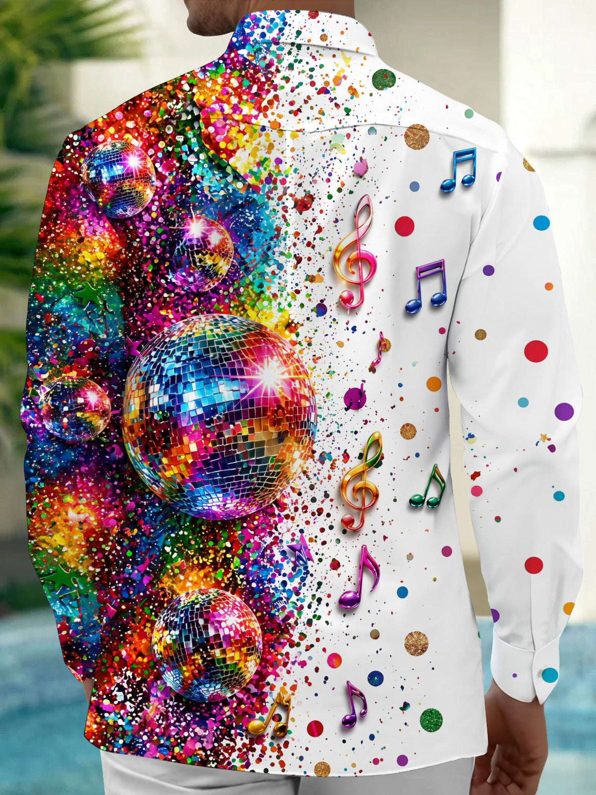 Adaychic Men's Retro Disco Balls And Musical Notes Print Long Sleeve Shirt with Chest Pocket