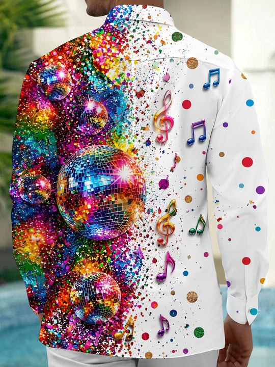 Adaychic Men's Retro Disco Balls And Musical Notes Print Long Sleeve Shirt with Chest Pocket