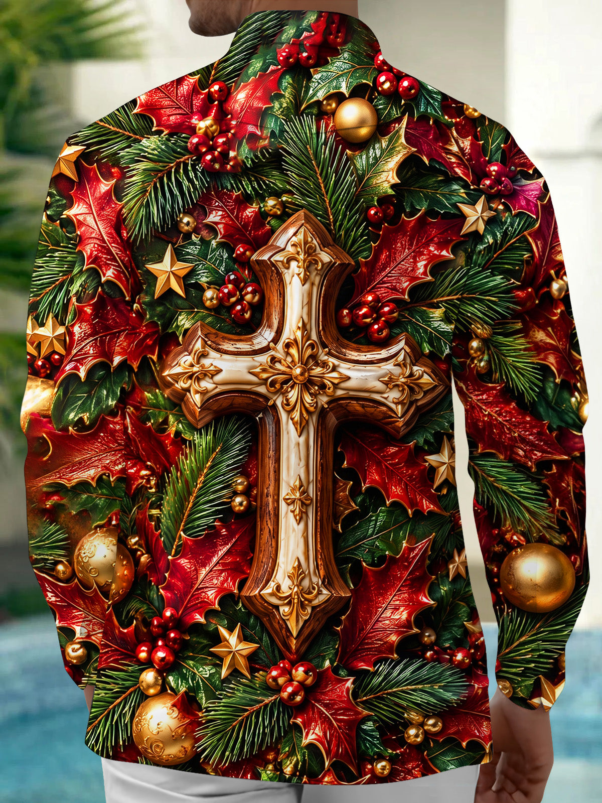 Adaychic Men's Long Sleeve Shirt - Christmas 3D Cross With Holly Leaves And Berries Print with Chest Pocket