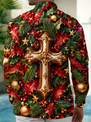 Adaychic Men's Long Sleeve Shirt - Christmas 3D Cross With Holly Leaves And Berries Print with Chest Pocket