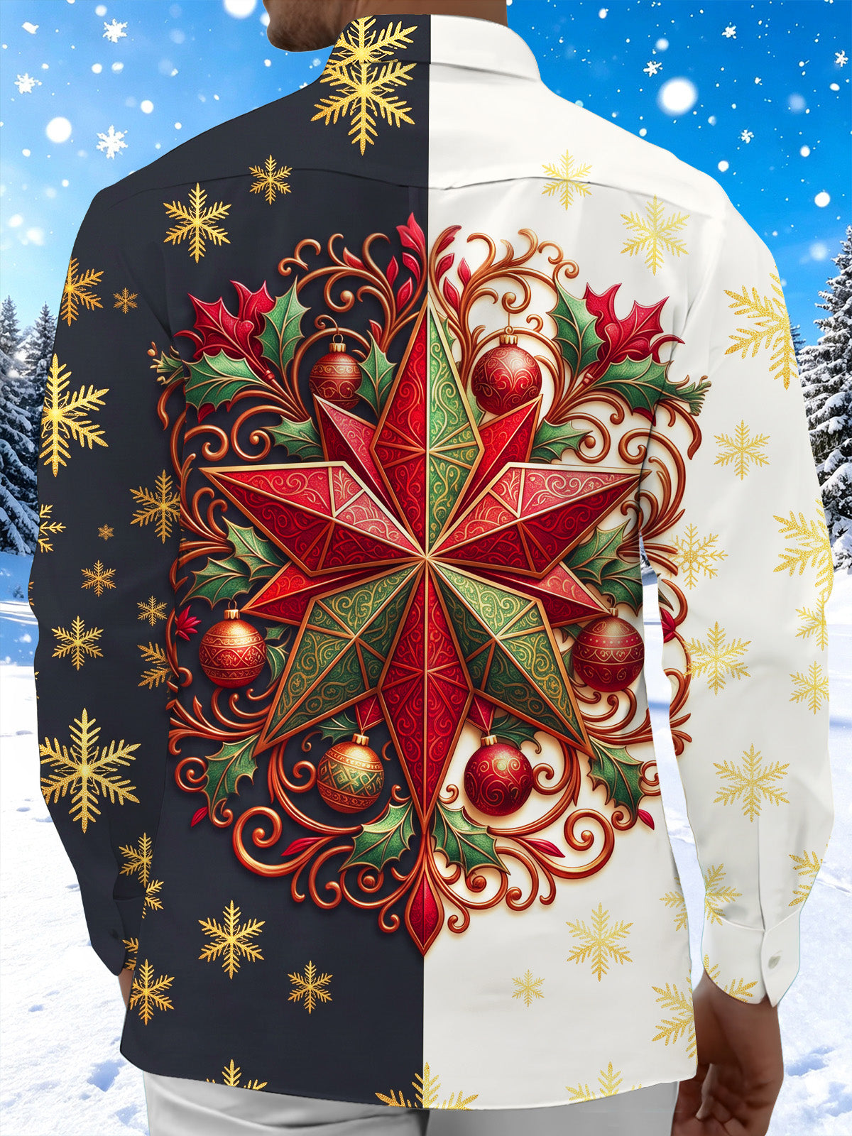 Adaychic Men's Christmas Star Holly Baubles Snowflakes Print Long Sleeve Shirt with Chest Pocket