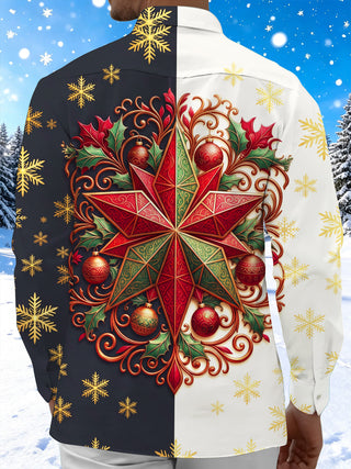 Adaychic Men's Christmas Star Holly Baubles Snowflakes Print Long Sleeve Shirt with Chest Pocket