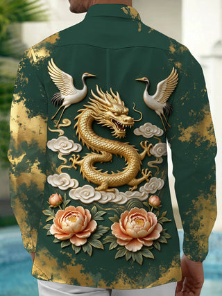 Adaychic Men's 3D Golden Dragon And Cranes Print Long Sleeve Shirt with Chest Pocket