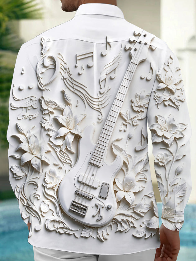 Adaychic Men's Long Sleeve Shirt - 3D Relief Bass Guitar And Floral Patterns Print with Chest Pocket