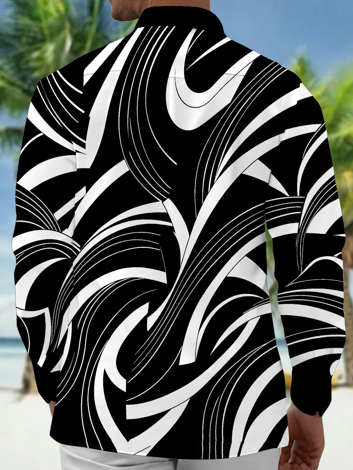 Adaychic Men's Abstract Geometric Curved Lines Print Long Sleeve Shirt with Chest Pocket