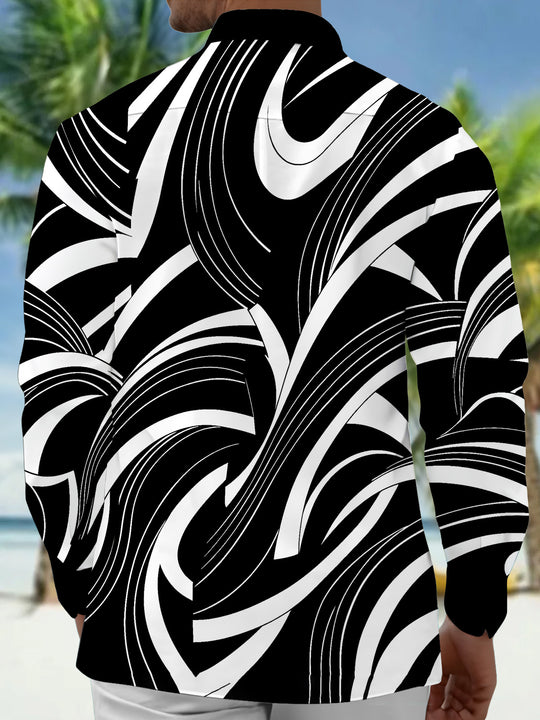 Adaychic Men's Abstract Geometric Curved Lines Print Long Sleeve Shirt with Chest Pocket