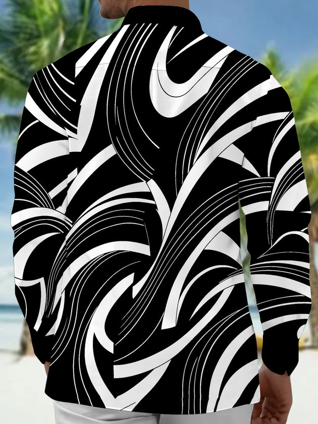 Adaychic Men's Abstract Geometric Curved Lines Print Long Sleeve Shirt with Chest Pocket