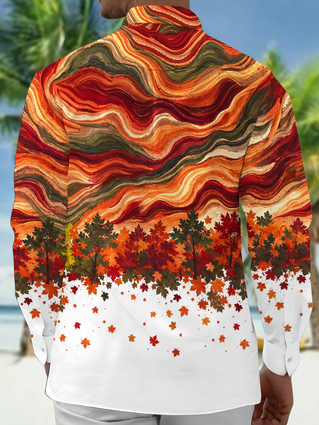 Adaychic Men's Autumn Maple Leaves And Wavy Lines Print Long Sleeve Shirt with Chest Pocket