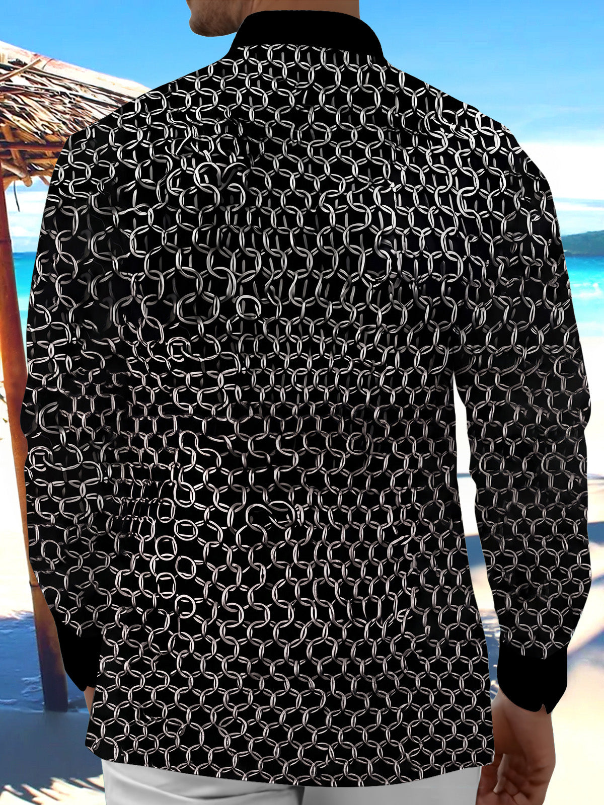 Adaychic Men's Printed Chain Link Pattern Long Sleeve Shirt with Chest Pocket