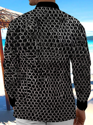 Adaychic Men's Printed Chain Link Pattern Long Sleeve Shirt with Chest Pocket