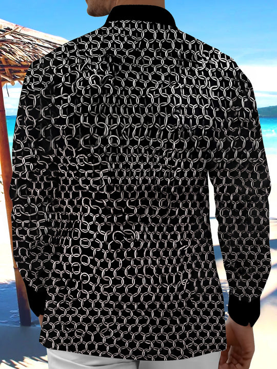 Adaychic Men's Printed Chain Link Pattern Long Sleeve Shirt with Chest Pocket