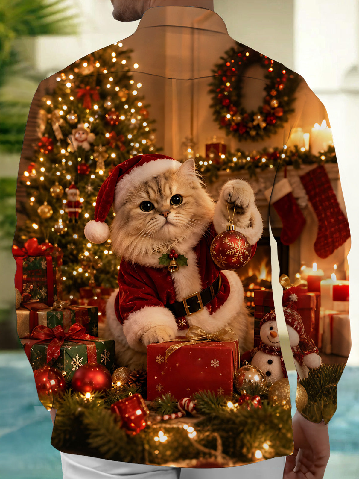 Adaychic Men's Printed Christmas Cat Print Santa Cat Print Long Sleeve Shirt with Chest Pocket