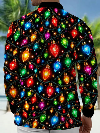Adaychic Men's Printed Christmas Lights Print Long Sleeve Shirt with Chest Pocket