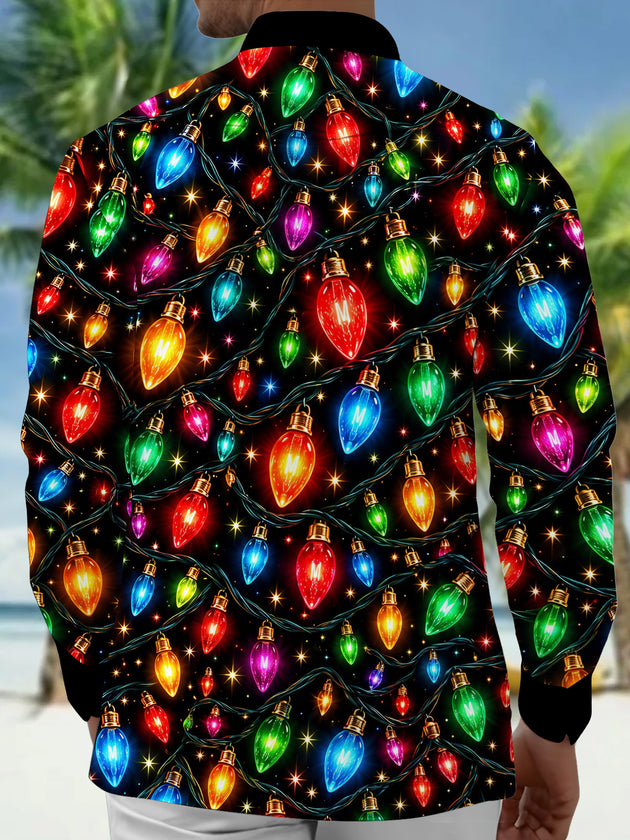 Adaychic Men's Printed Christmas Lights Print Long Sleeve Shirt with Chest Pocket