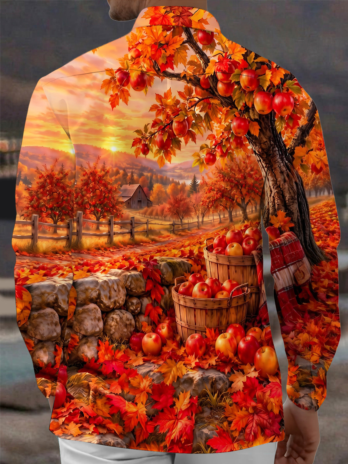 Adaychic Men's Printed Autumn Apple Orchard Landscape Print Long Sleeve Shirt with Chest Pocket