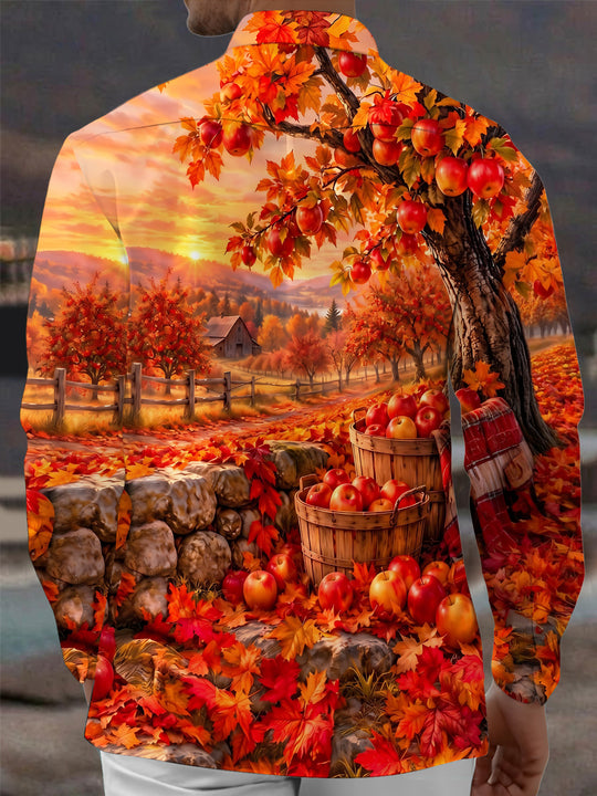 Adaychic Men's Printed Autumn Apple Orchard Landscape Print Long Sleeve Shirt with Chest Pocket