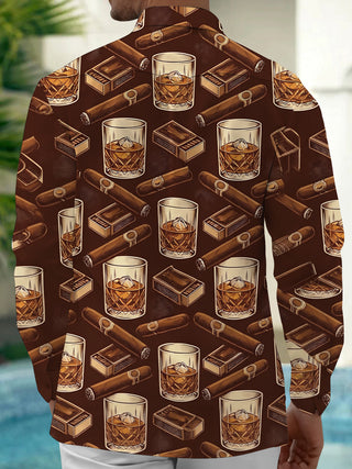 Adaychic Men's Hawaiian Whiskey Glasses With Ice Cubes Print Long Sleeve Shirt with Chest Pocket