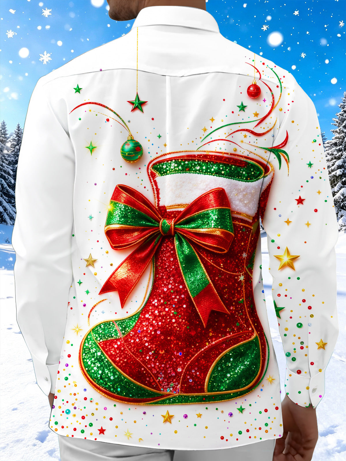 Adaychic Men's Long Sleeve Shirt - Christmas Stocking With Bow And Ornaments Print with Chest Pocket