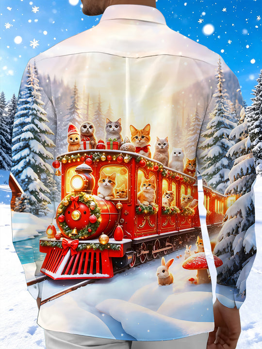 Adaychic Men's Graphic Christmas Cat Train Print Long Sleeve Shirt with Chest Pocket