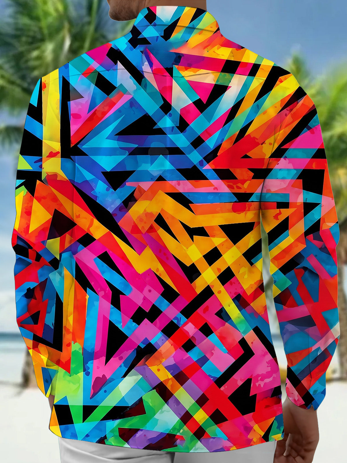 Adaychic Men's Printed Colorful Geometric Pattern Long Sleeve Shirt with Chest Pocket
