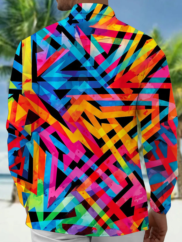 Adaychic Men's Printed Colorful Geometric Pattern Long Sleeve Shirt with Chest Pocket