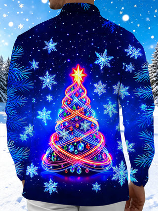 Adaychic Men's Long Sleeve Shirt - Neon Light Spiral Christmas Tree With Ornaments Print with Chest Pocket