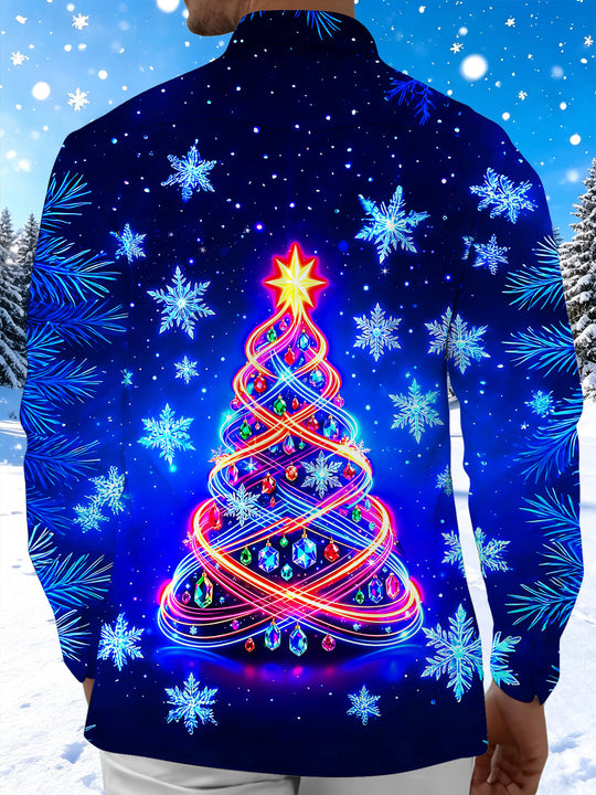 Adaychic Men's Long Sleeve Shirt - Neon Light Spiral Christmas Tree With Ornaments Print with Chest Pocket