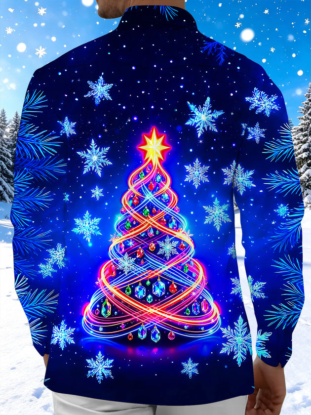 Adaychic Men's Long Sleeve Shirt - Neon Light Spiral Christmas Tree With Ornaments Print with Chest Pocket