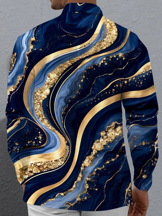 Adaychic Men's Abstract Gold And Blue Marble Waves Print Long Sleeve Shirt with Chest Pocket