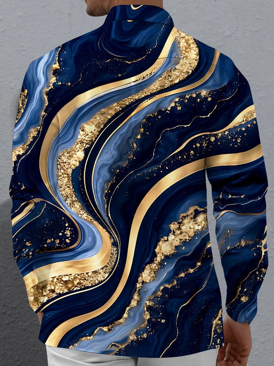Adaychic Men's Abstract Gold And Blue Marble Waves Print Long Sleeve Shirt with Chest Pocket