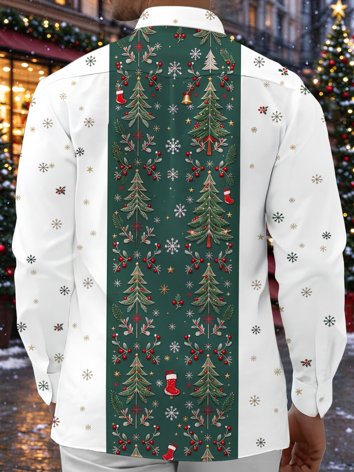 Adaychic Men's Striped Christmas Trees And Snowflakes Print Long Sleeve Shirt with Chest Pocket