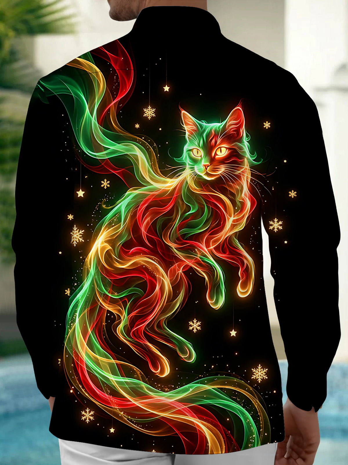 Adaychic Men's Long Sleeve Shirt - Christmas Neon Colorful Cat With Snowflakes And Stars Print with Chest Pocket