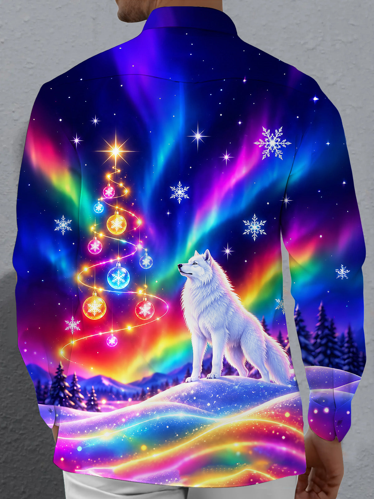 Adaychic Men's Graphic Aurora Borealis Print Long Sleeve Shirt with Chest Pocket