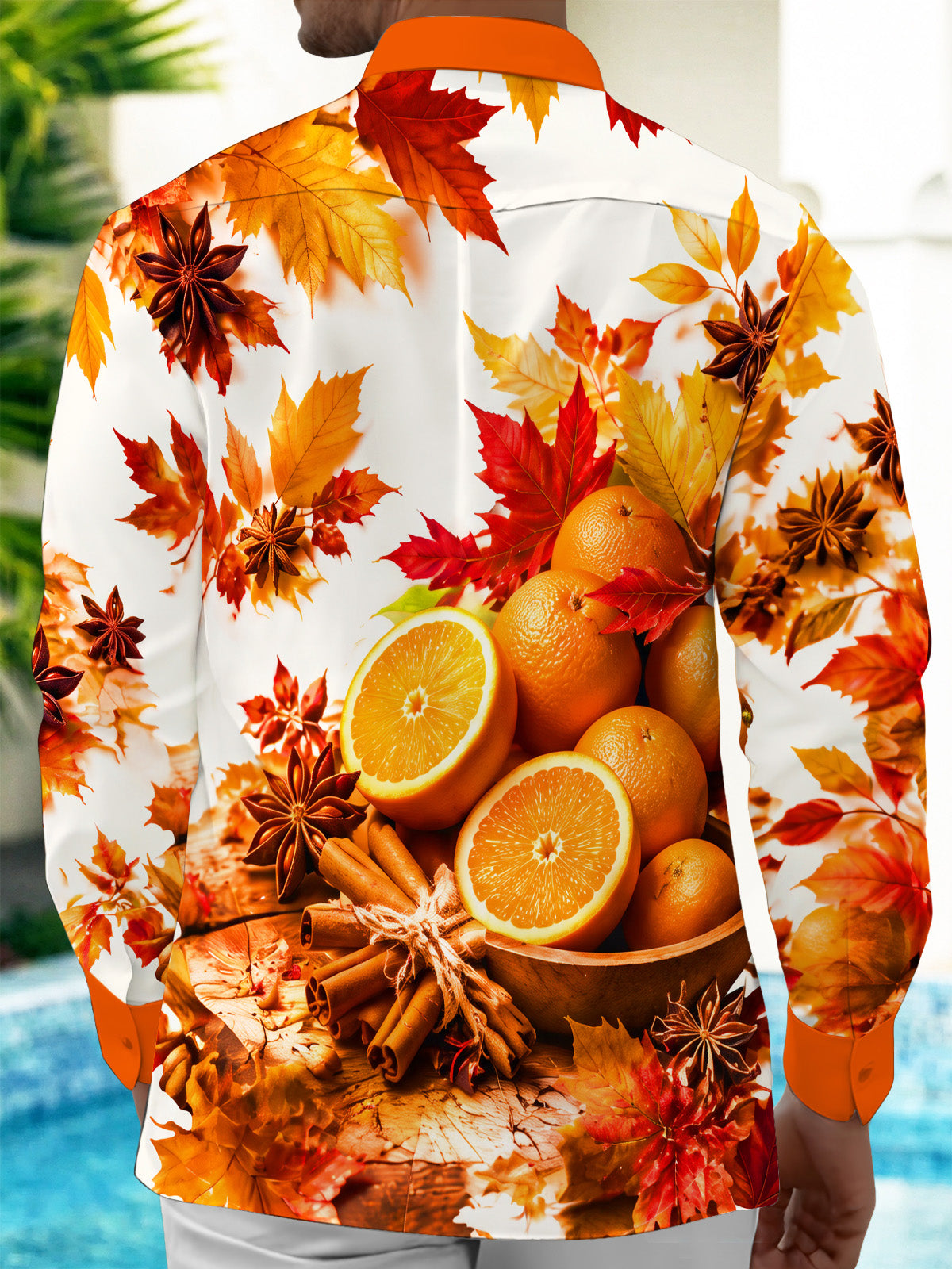Adaychic Men's Printed Autumn Maple Leaves And Oranges Print Long Sleeve Shirt with Chest Pocket
