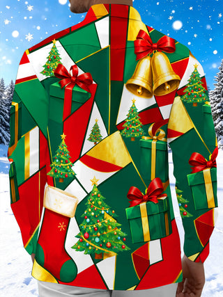 Adaychic Men's Christmas Trees And Gift Boxes Print Long Sleeve Shirt with Chest Pocket