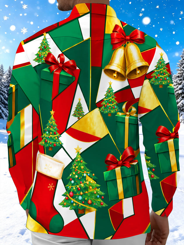 Adaychic Men's Christmas Trees And Gift Boxes Print Long Sleeve Shirt with Chest Pocket