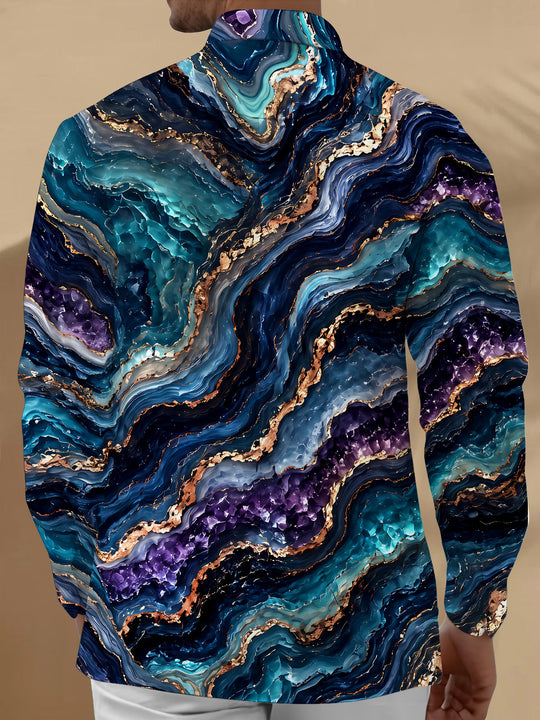 Adaychic Men's Abstract Marble And Agate Waves Print Long Sleeve Shirt with Chest Pocket