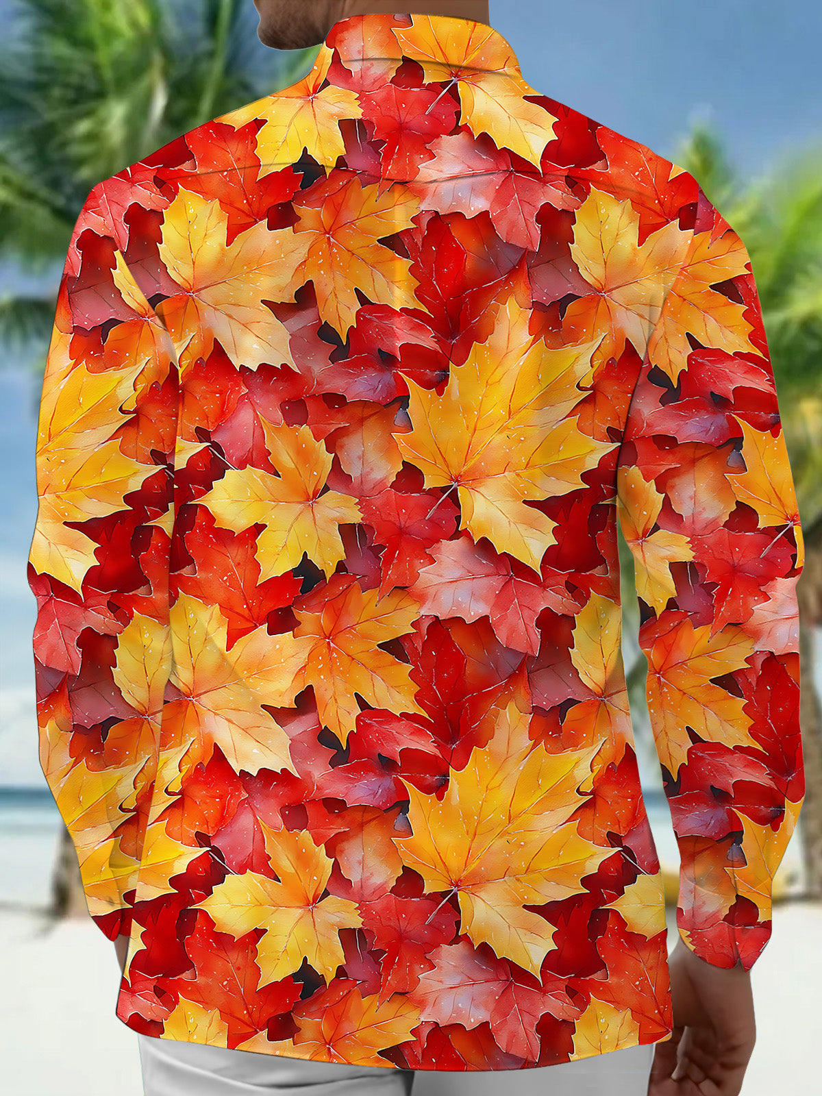 Adaychic Men's Printed Autumn Maple Leaves Print Long Sleeve Shirt with Chest Pocket