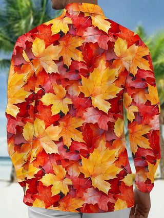 Adaychic Men's Printed Autumn Maple Leaves Print Long Sleeve Shirt with Chest Pocket