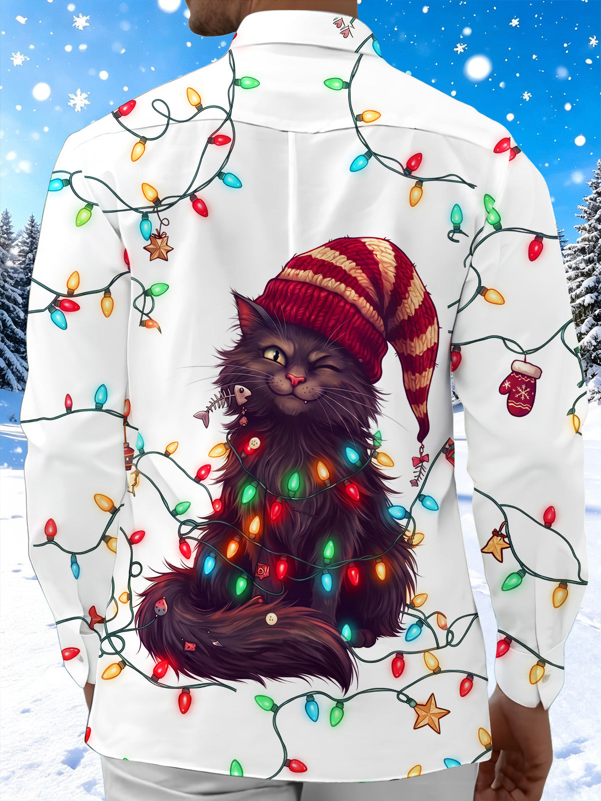 Adaychic Men's Long Sleeve Shirt - Black Cat With Christmas Lights And Knit Hat Print with Chest Pocket