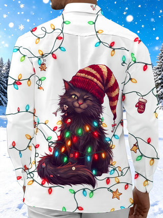 Adaychic Men's Long Sleeve Shirt - Black Cat With Christmas Lights And Knit Hat Print with Chest Pocket