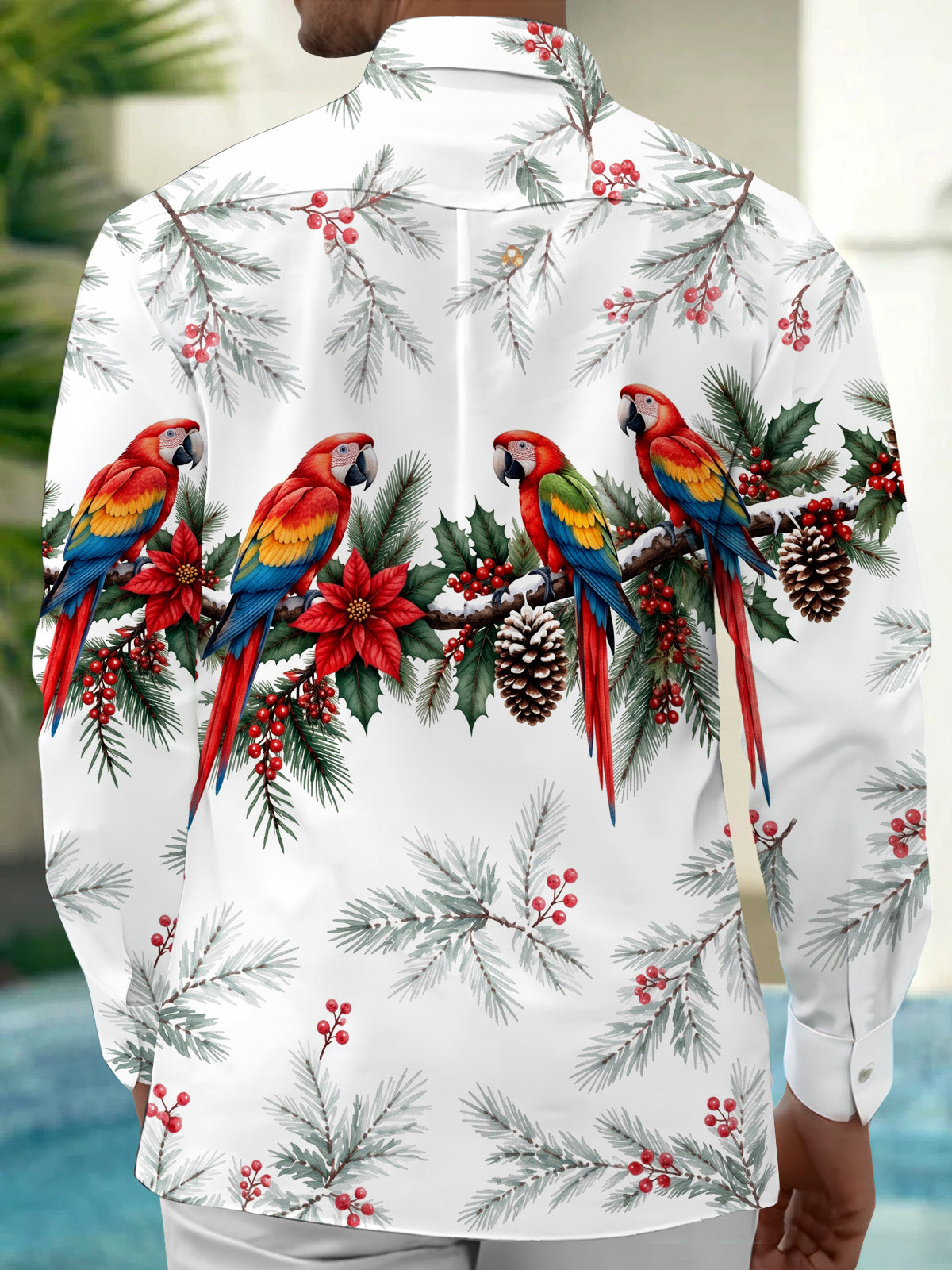 Adaychic Men's Christmas Parrots And Pine Cones Print Long Sleeve Shirt with Chest Pocket
