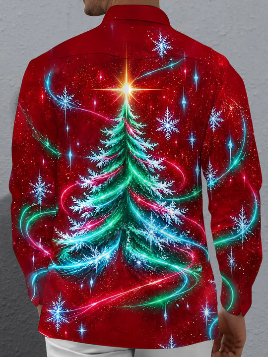 Adaychic Men's Long Sleeve Shirt - Christmas Tree With Snowflakes And Light Trails Print with Chest Pocket