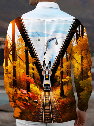Adaychic Men's Graphic Autumn Forest Train Print Long Sleeve Shirt with Chest Pocket