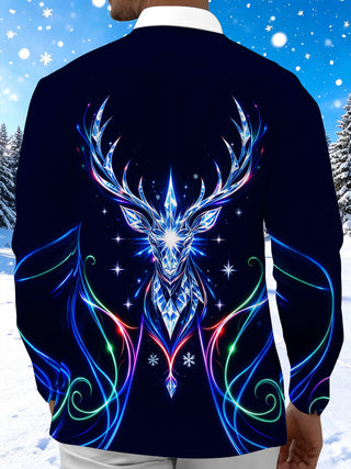 Adaychic Men's Long Sleeve Shirt - Neon Crystal Reindeer And Christmas Ornaments Print with Chest Pocket