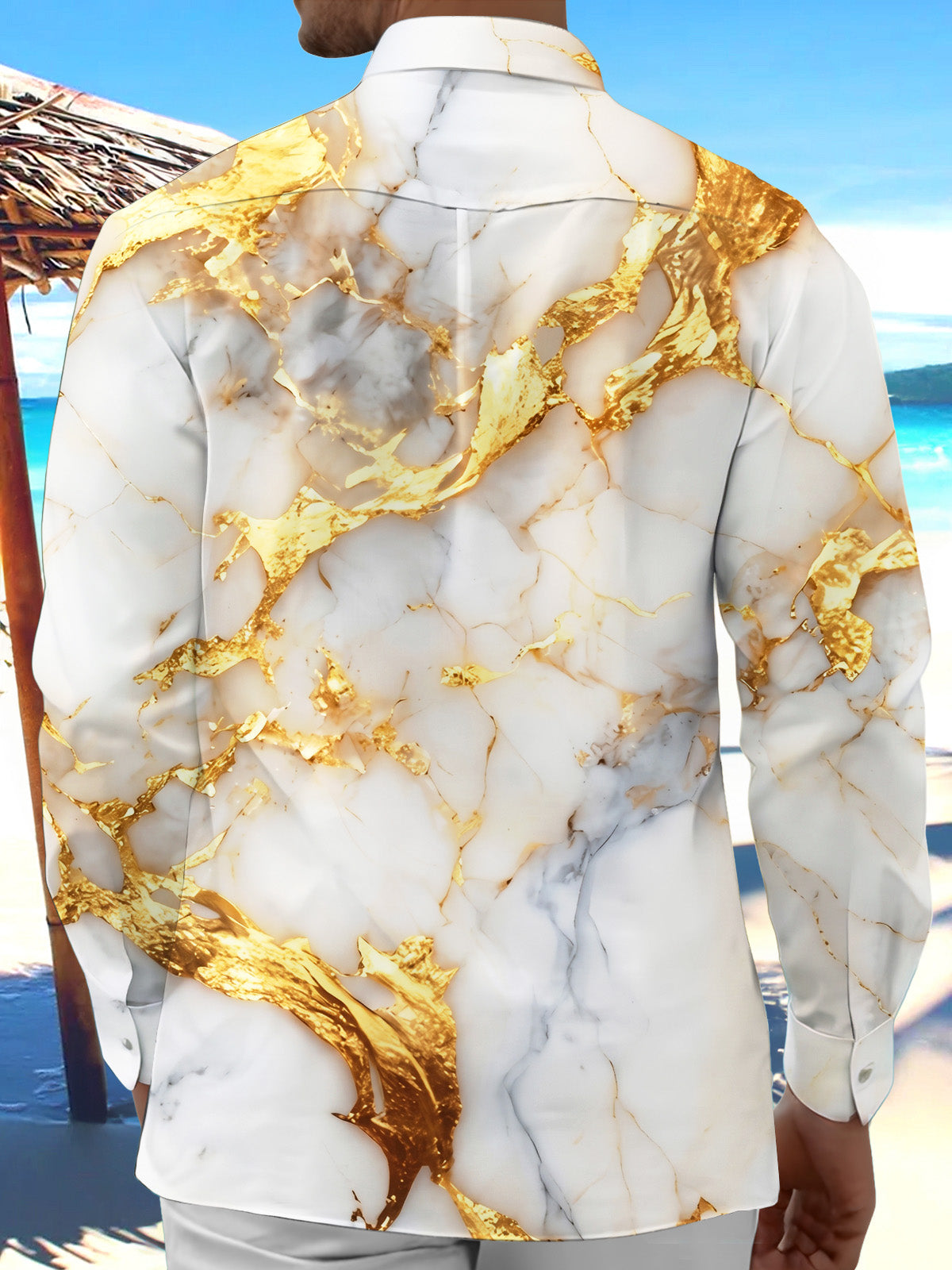 Adaychic Men's Printed White And Gold Marble Texture Print Long Sleeve Shirt with Chest Pocket