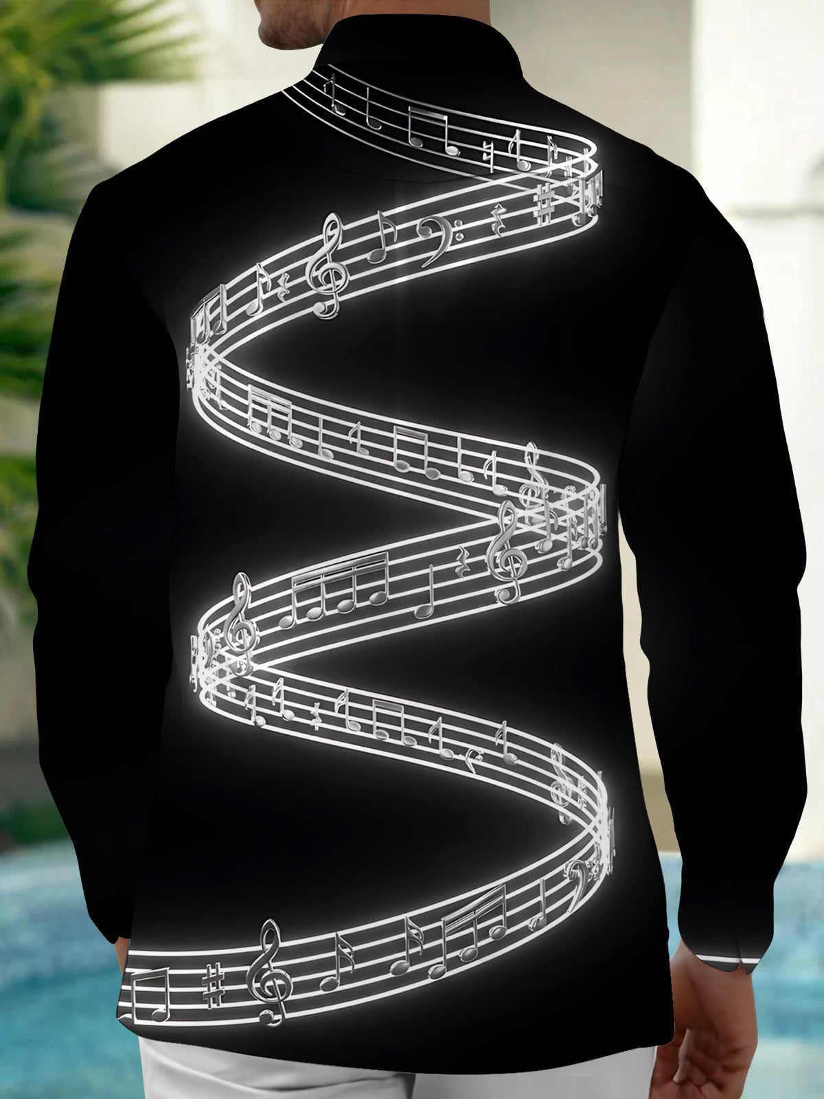 Adaychic Men's Printed Musical Notes And Staff Lines Print Long Sleeve Shirt with Chest Pocket