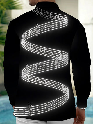 Adaychic Men's Printed Musical Notes And Staff Lines Print Long Sleeve Shirt with Chest Pocket
