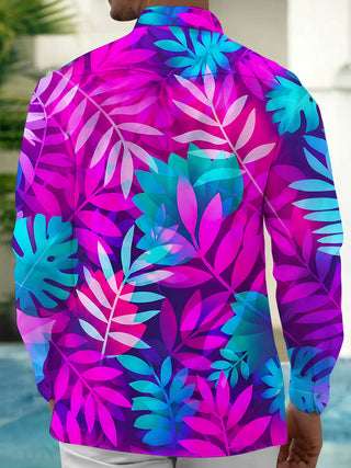 Adaychic Men's Hawaiian Tropical Leaf Print Long Sleeve Shirt with Chest Pocket
