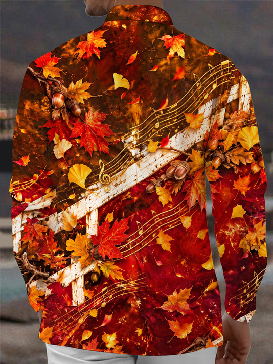 Adaychic Men's Printed Autumn Maple Leaves And Acorns Print Long Sleeve Shirt with Chest Pocket
